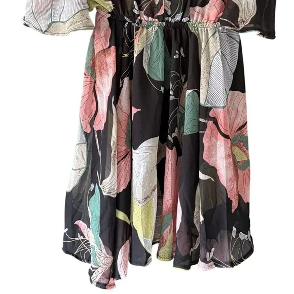 Womens Floral Cold Shoulder Dress Large Beach Boho Lightweight Flowy Fairy - Picture 3 of 5